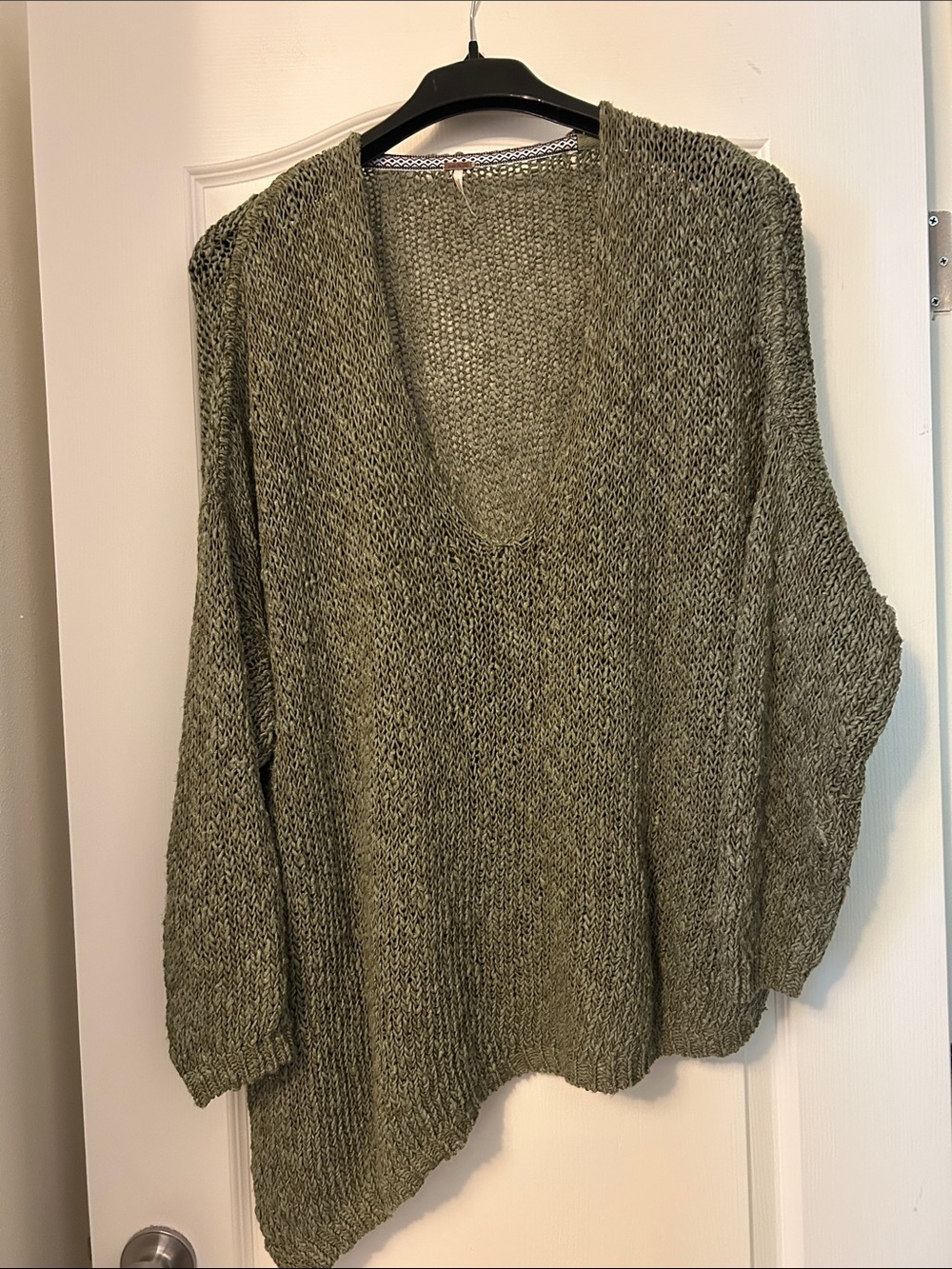 Free People Asymmetrical Olive V-Neck Lightweight Open-Stitch Sweater